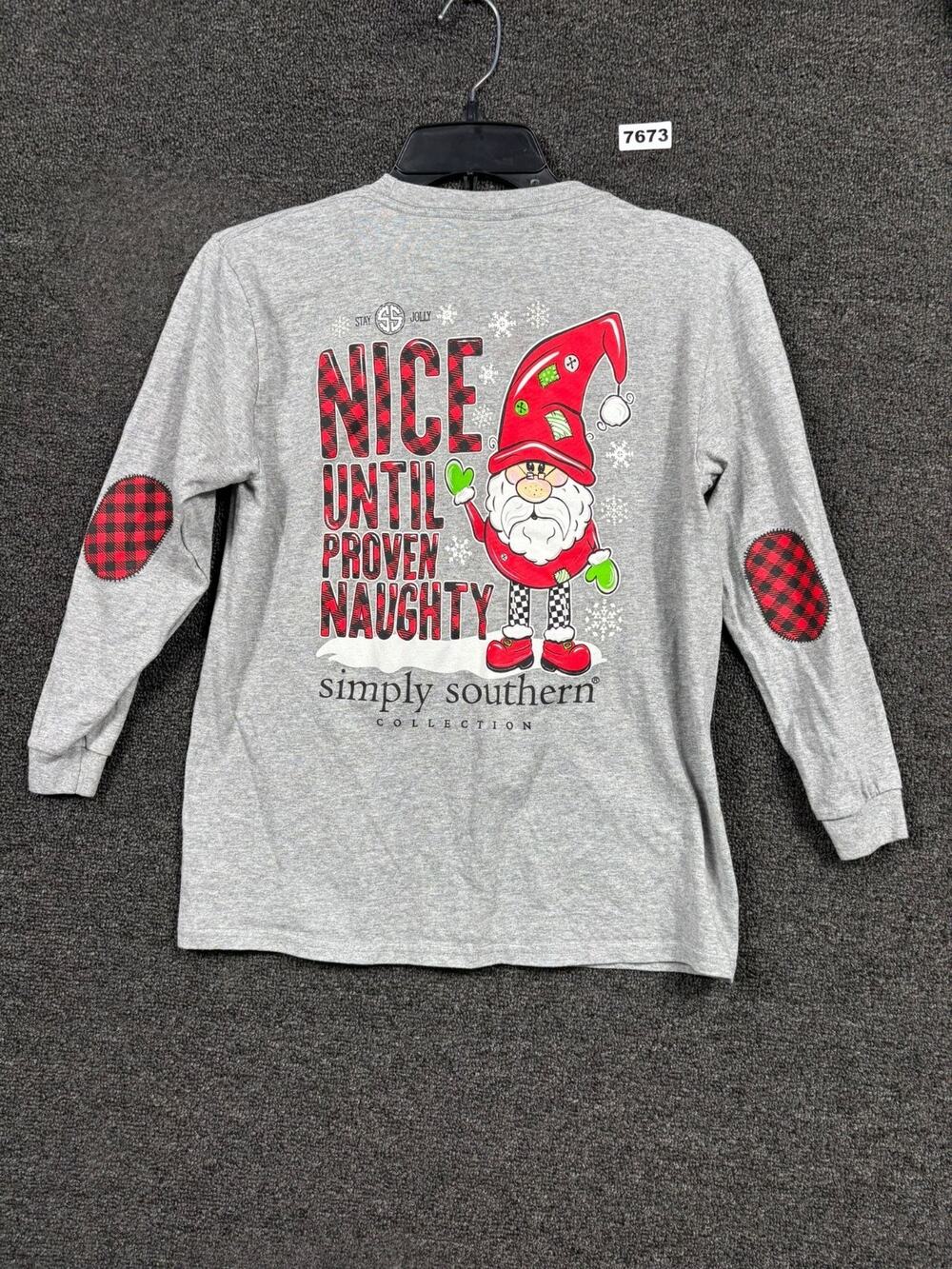 Simply Southern Holiday T-Shirt Youth Sz M Gray Gnome Nice Until Proven Naughty